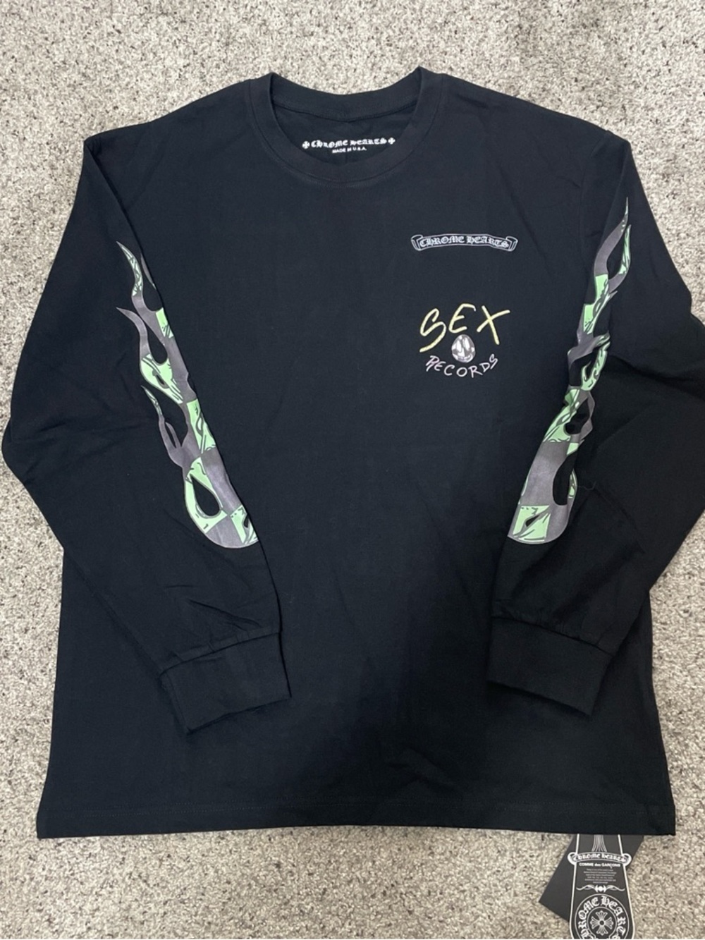 Black Long-Sleeve Graphic Shirt with Green Flame Sleeves- Chrome Hearts